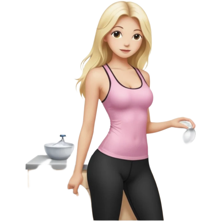 Seductive, thin fair skinned woman, long blond hair, washing dishes, SFW sheer pink tank top, without undergarments showing natural breast shape SFW, black yoga pants, perfect booty emoji
