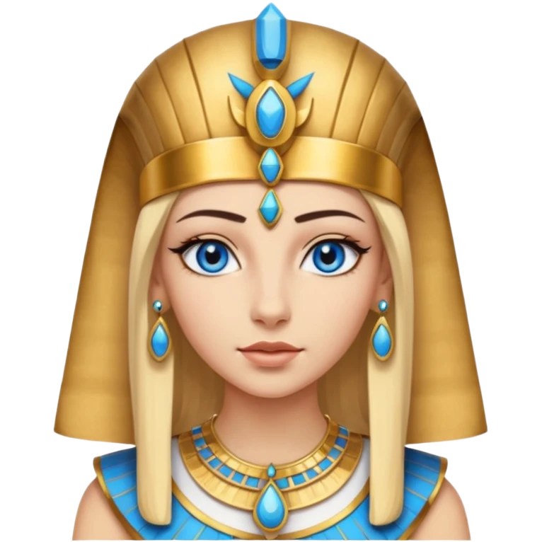 crea l'emoji di Cleopatra ma con i capelli biondi e gli occhi azzurri vestita da faraone con i gioielli egiziani e il cappello da faraone emoji