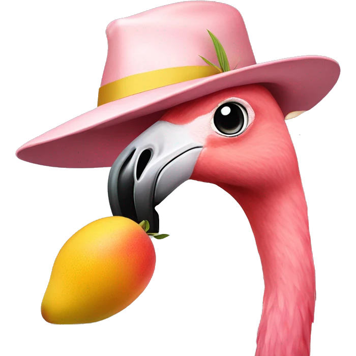 A flamingo eating mango with a arty hat in jos head emoji