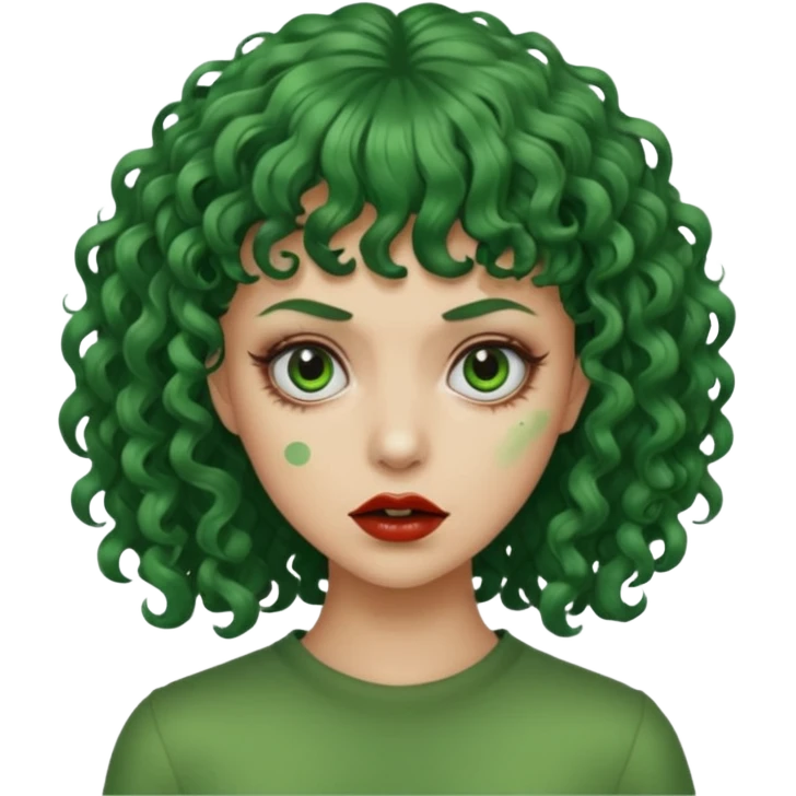 crie uma mulher, vibe total terror, mas ela com cabelo cacheado e franja, e pele verde emoji