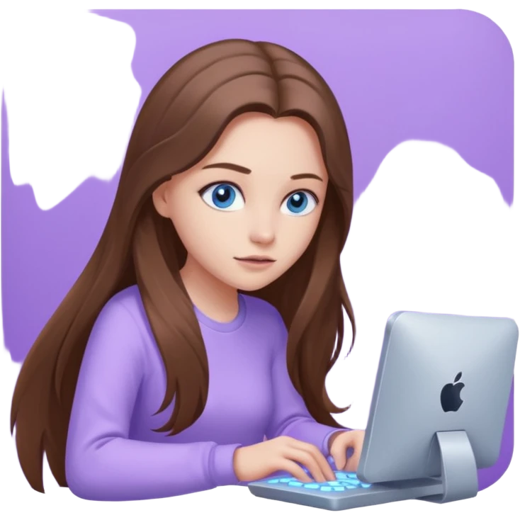 beautiful girl with long brown hair, blue eyes and wearing light purple clothes playing computer games emoji