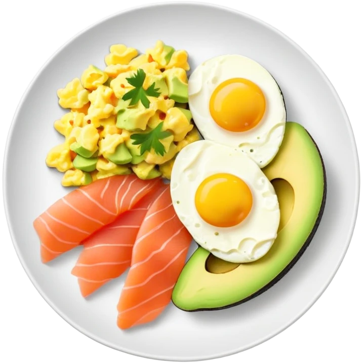 Breakfast plate with sliced avocado, scrambled-eggs and smoked salmon emoji