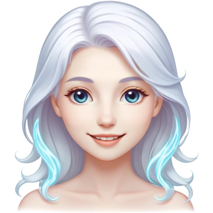 Cinematic Radiant Snow Queen Portrait Emoji, rendered in a realistic, vector style with clean proportions. Show Elsa with a gentle, confident smile, icy pale skin, and luxuriously styled platinum hair, her expression calm and regal. The image glows with a soft, enchanting icy luminescence, high shine, and is accented by a soft glowing outline that enhances her ethereal beauty. emoji