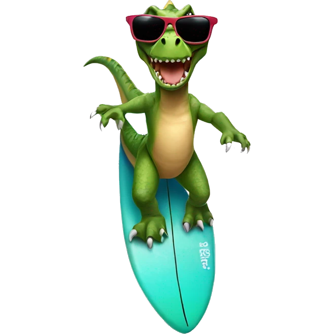Dinosaur riding a surfboard with sunglasses emoji