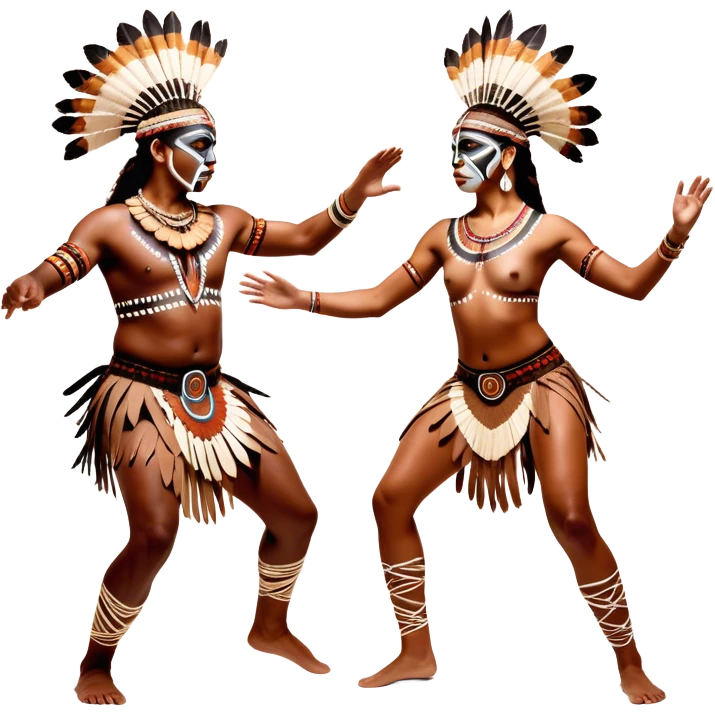 Cinematic Realistic scene of two indigenous dancers performing an Aboriginal Corroboree, adorned in intricate traditional body paint and ceremonial attire, captured in fluid motion with earthy tones and vibrant, cultural lighting emoji