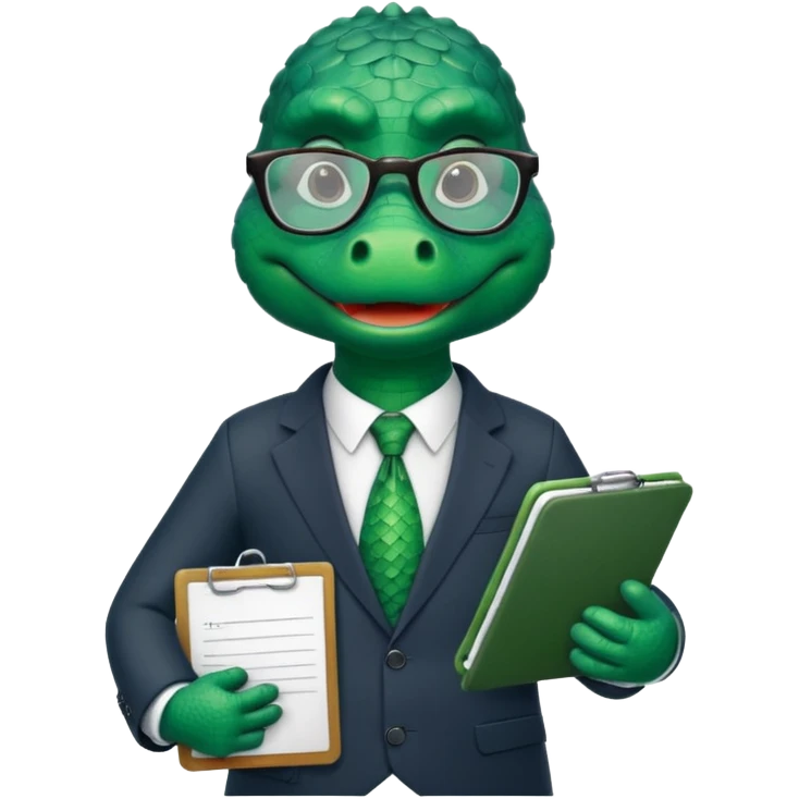 A cartoon alligator in a business suit with a clipboard and glasses emoji