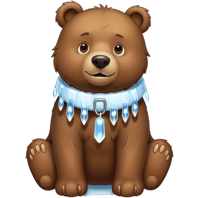 Realistic brown bear on all four legs with a large ice collar around its neck, shaped like a dog collar, with icicles hanging down from it, minimalist emoji style emoji