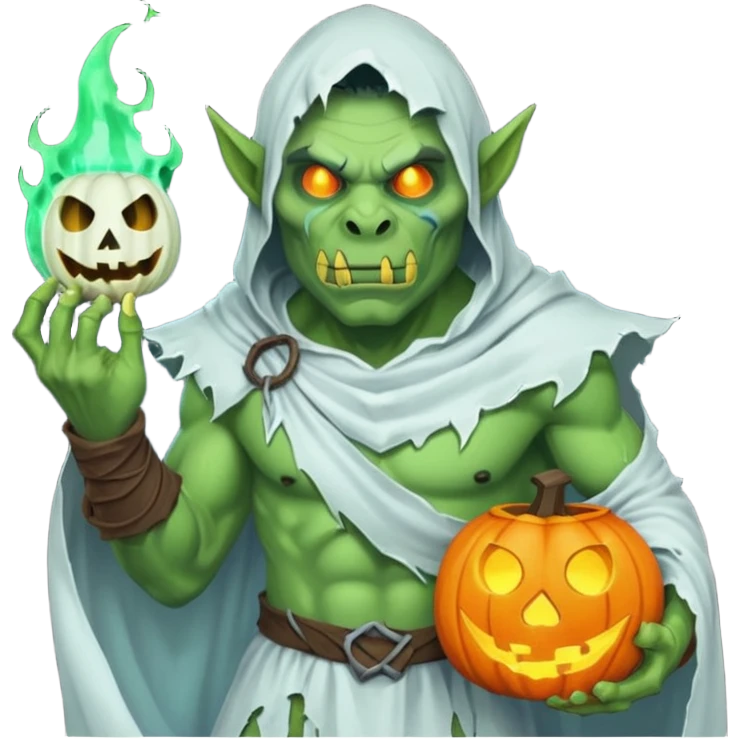 male orc warrior ghost emoji, green skin, tusks, wearing torn white ghost sheet costume, holding glowing jack-o'-lantern, faint blue aura, friendly but spooky expression, Halloween fantasy theme, Apple emoji style, clean white background, square emoji