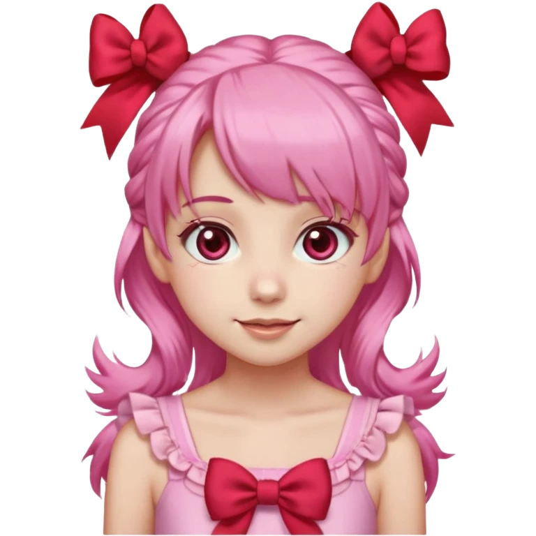 Faz uma garota de pele clara Seus olhos são grandes e rosa-avermelhados, sempre brilhantes e emotivos. O cabelo é rosa claro, preso em dois rabos de cavalo laterais com laços vermelhos, e sua franja é cheia, caindo sobre a testa de forma suave. emoji