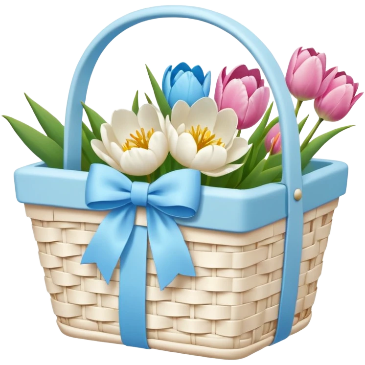 A white Picnic basket with pastel blue bow, white peonie, tulips emoji