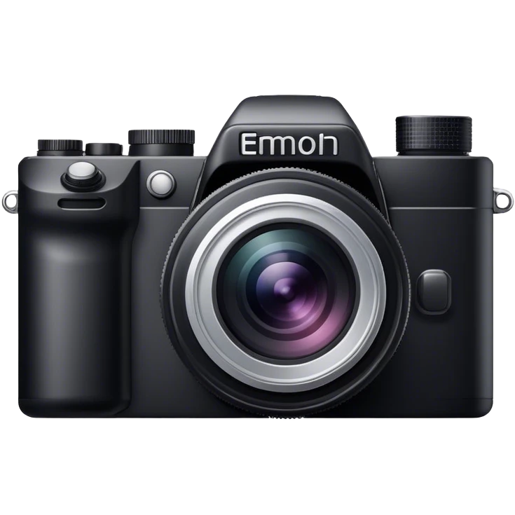Photography icon, black camera with large lens, camera in focus, minimalistic style, clean lines, transparent background. emoji