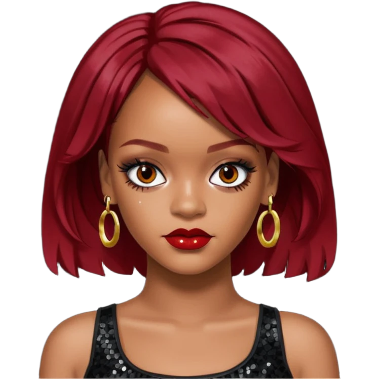Rihanna with dark red hair, black sequin crop top, hazel eye emoji