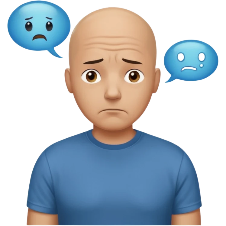 bald man with t-shirt doubting face with thought bubble emoji