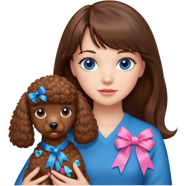 kobieta z długimi brązowymi włosami, z grzywką i niebieskie oczy trzyma na rękach brązowego pudelka z różową emoji