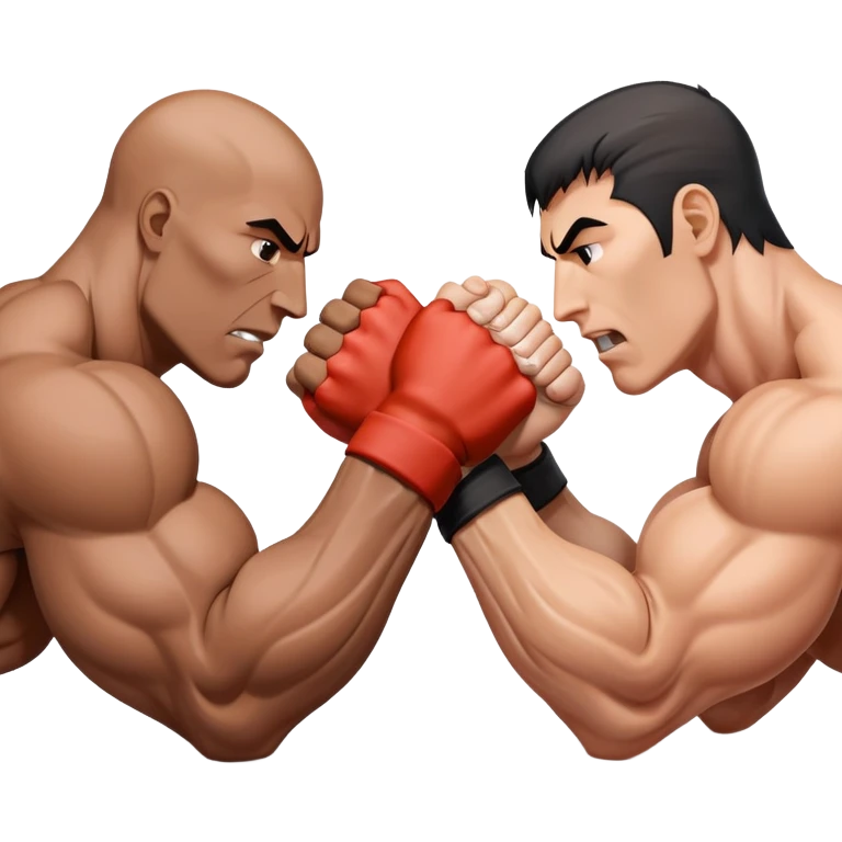 Two hands locked in an intense arm wrestling match, muscles straining as they battle for dominance. The background is minimal, focusing on the power and tension of the gripping hands, showcasing strength and determination. Transparent background. emoji