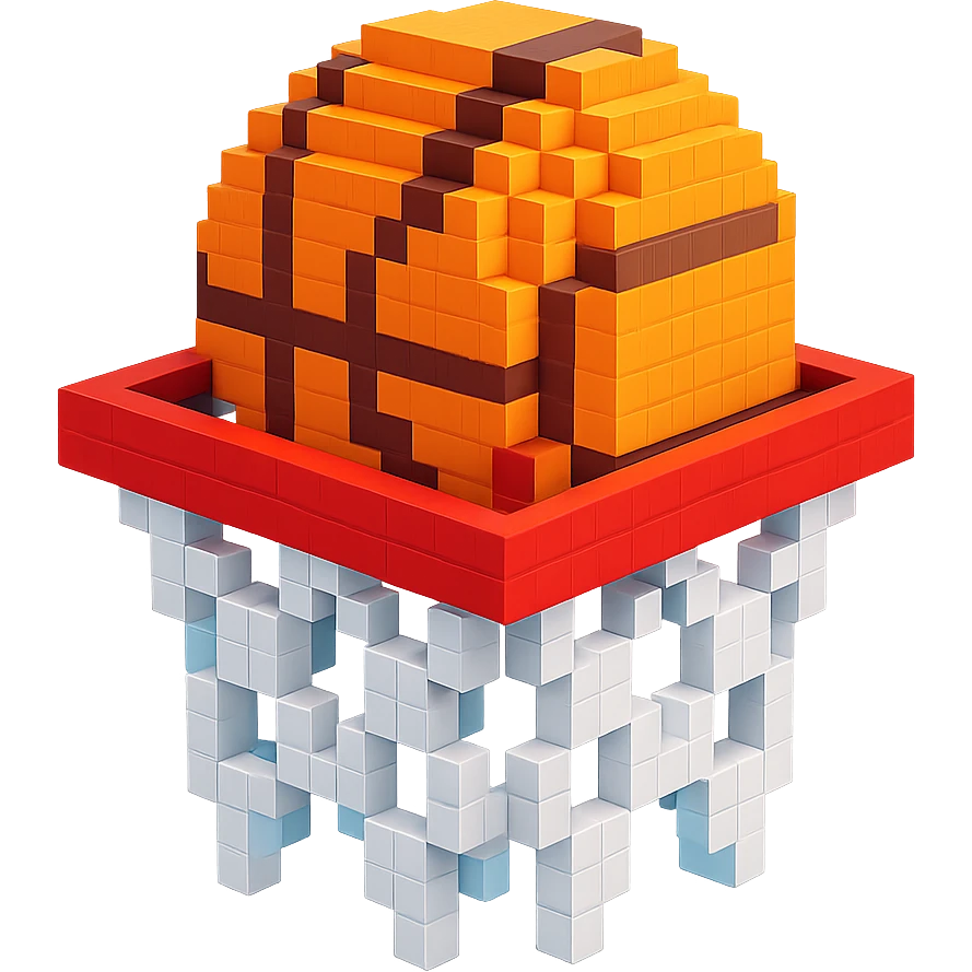 Voxel-style basketball in a net, no background, variation 1. emoji