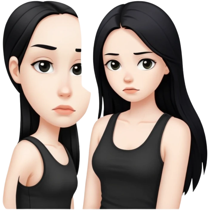 bored girl with long straight black hair, pale skin, dark eyes, black tank top emoji