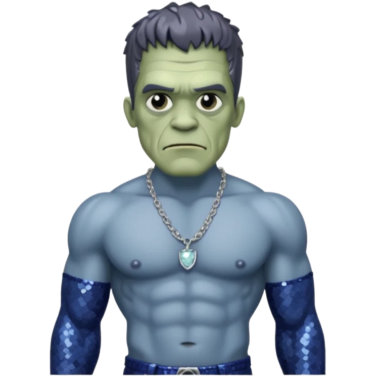 Frankenstein with grey skin, indigo sequin baggy pants, shirtless with necklace emoji
