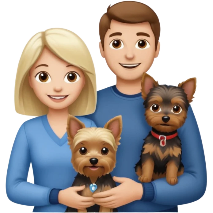 A woman with brown hair, man with white/blonde hair and a Yorkshire terrier dog they are a family  emoji