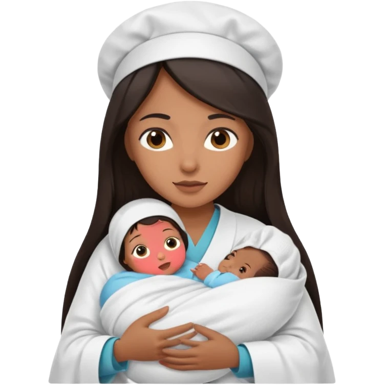 Female nurse with long dark hair with medium brown skin and brown eyes holding one new born  emoji