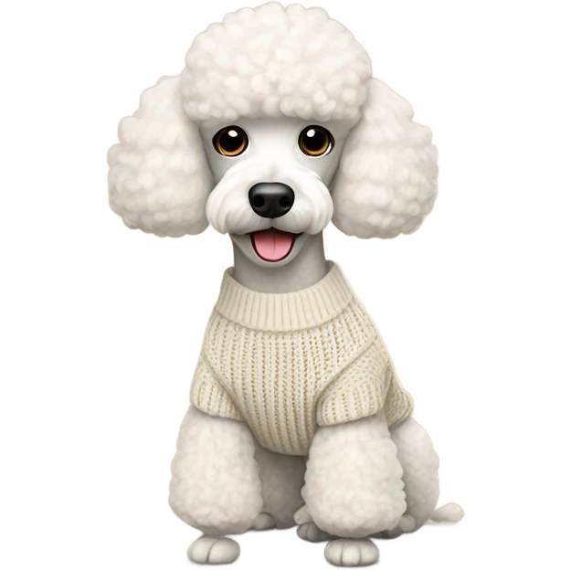 medium sized white poodle wearing a creme knitted sweater emoji