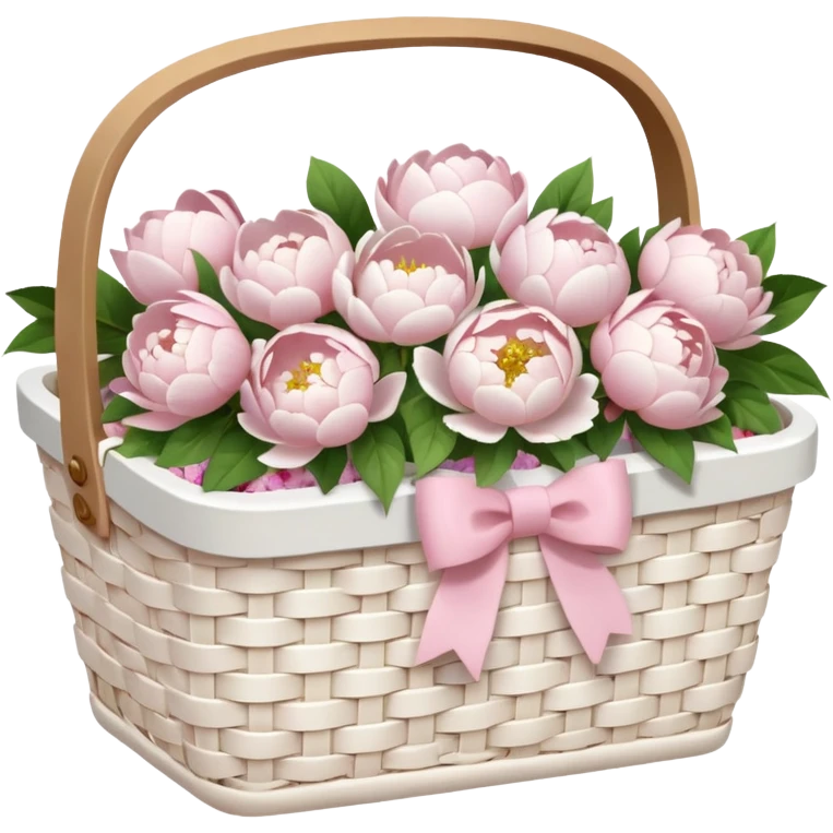 White Picnic basket with light pink bow and white peonies inside emoji