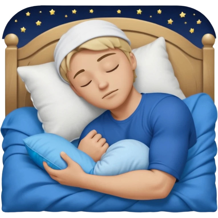 A young muscular male with short dark-blonde hair and medium-light skin, wearing blue cloth. He sleeps on his side, holding a soft white pillow, his head on a smooth blue pillow. A sleeping symbol floats above him in the dark, nighttime scene. A flowing blue blanket with silky folds covers him. emoji