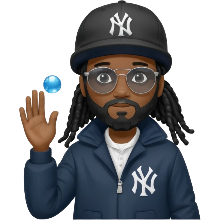 African American man with shoulder length black dreadlocks with black beard wearing black sunglasses with black bubble winter coat wearing a New York Yankees baseball hat with his hands on top of head in thinking position emoji
