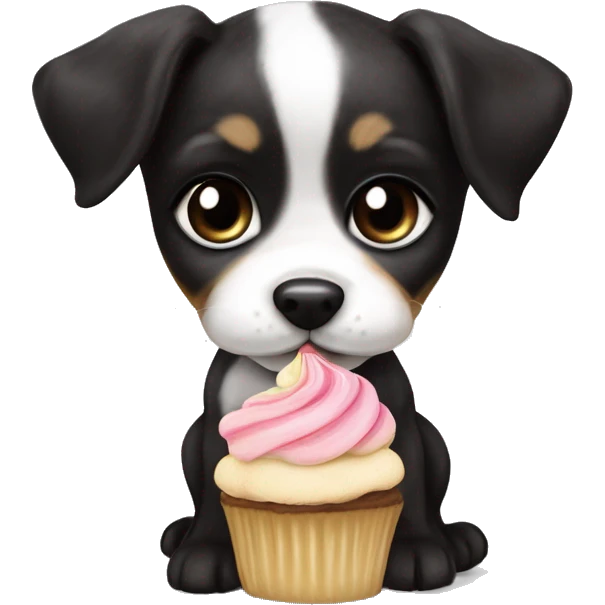 Cute big eyed Black and white girl teddy Roosevelt terrier puppy runt (no brown) eating a cupcake emoji