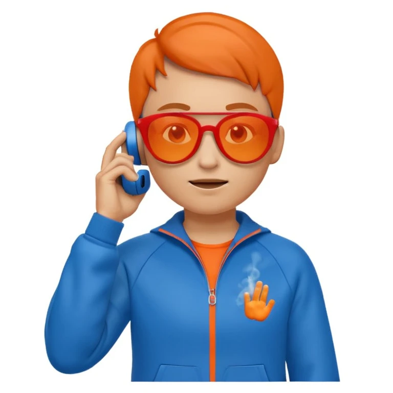cartoon emoji-style figure in blue tracksuit and red-tinted sunglasses, hand to ear as if talking on phone, animated cool character, orange smoky backdrop emoji