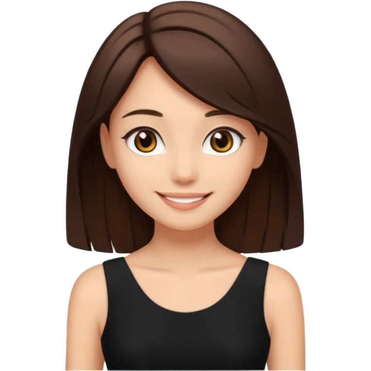 девушка в черном платье с коричневыми волосами средней длины, у нее карие глаза и красивая улыбка, она стройная emoji