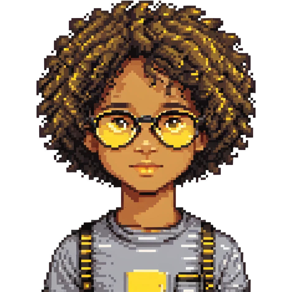 11 year old mixed-race boy, yellow and black glasses, curly hair, pixel art style emoji