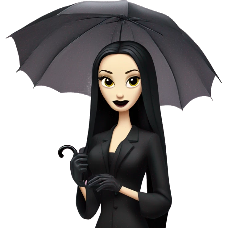 Teen Morticia Addams at a rainy funeral holding umbrella. funeral veil,gloves, holding small clutch.Palm Beach Honey Barbie  emoji