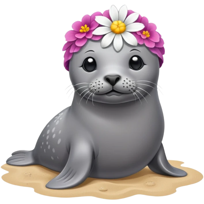 Seal on the beach with the flower on the head emoji