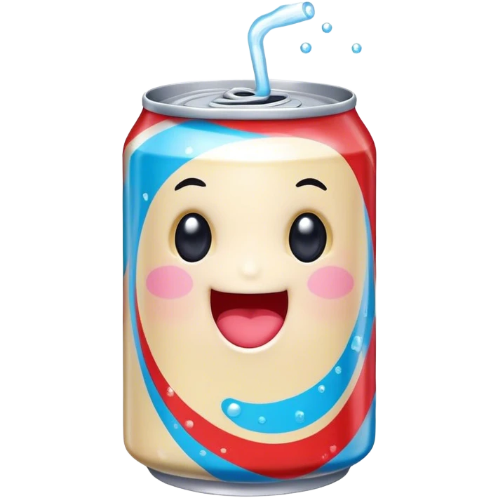 Cute Kawaii Soda Can, bubbly and vibrant, bright red and blue stripes, playful fizz popping around, a chubby happy face with wide sparkling eyes, energetic and refreshing! emoji