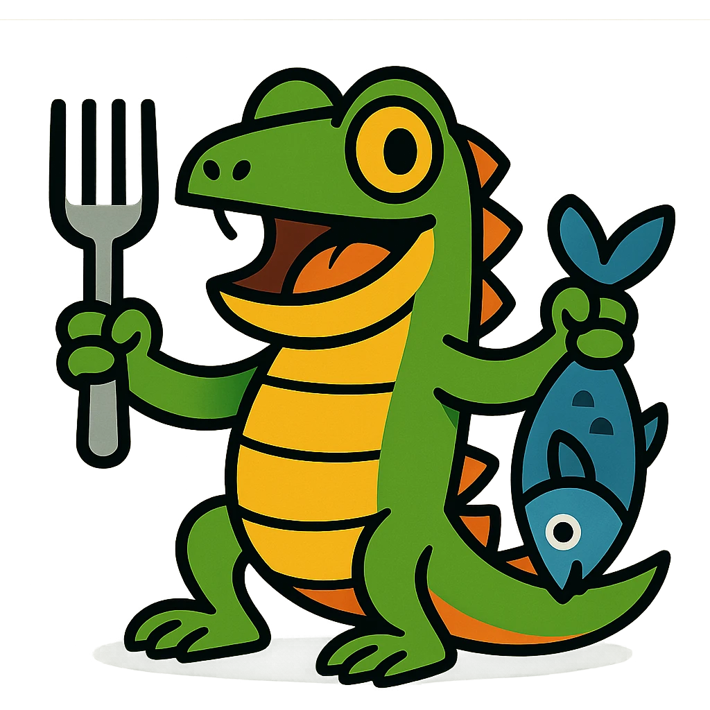 cartoon lizard with a fork in one hand and a fish in the other, vibrant colors, playful character emoji