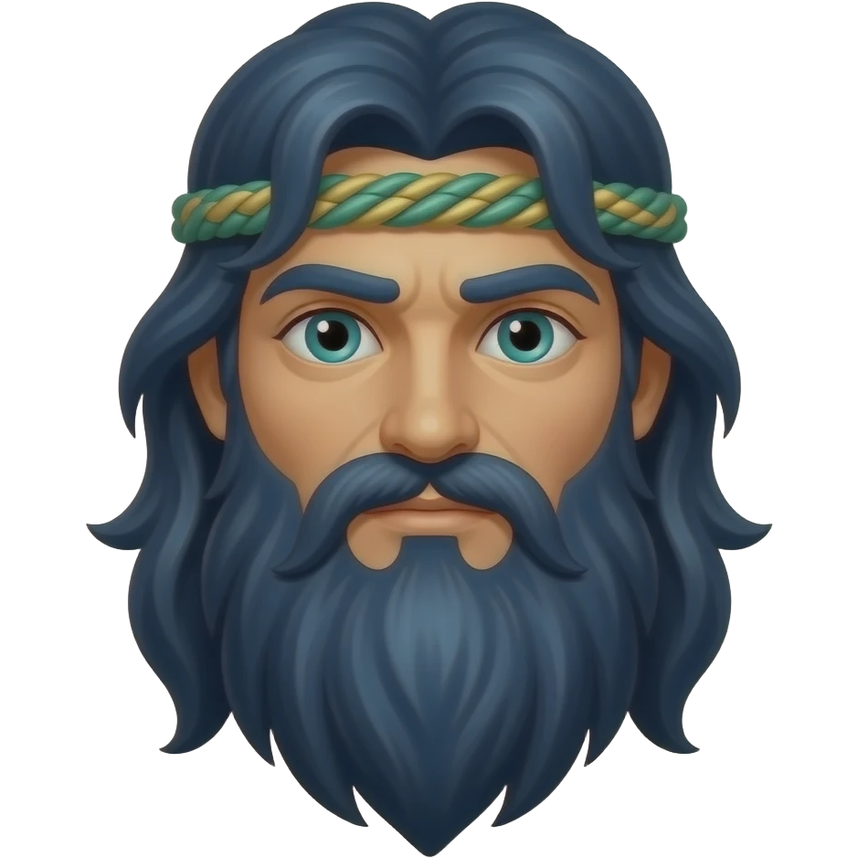 Neptune from Roman Mythology with teal eyes, long blue-black hair and beard, gold diadem, sea green rope emoji