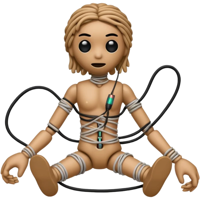 woodoo doll tightly bound with tangled AUX cables. emoji
