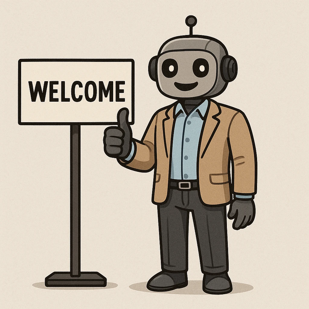 a recruiter robot giving a thumbs up, business casual, standing by a welcome sign emoji