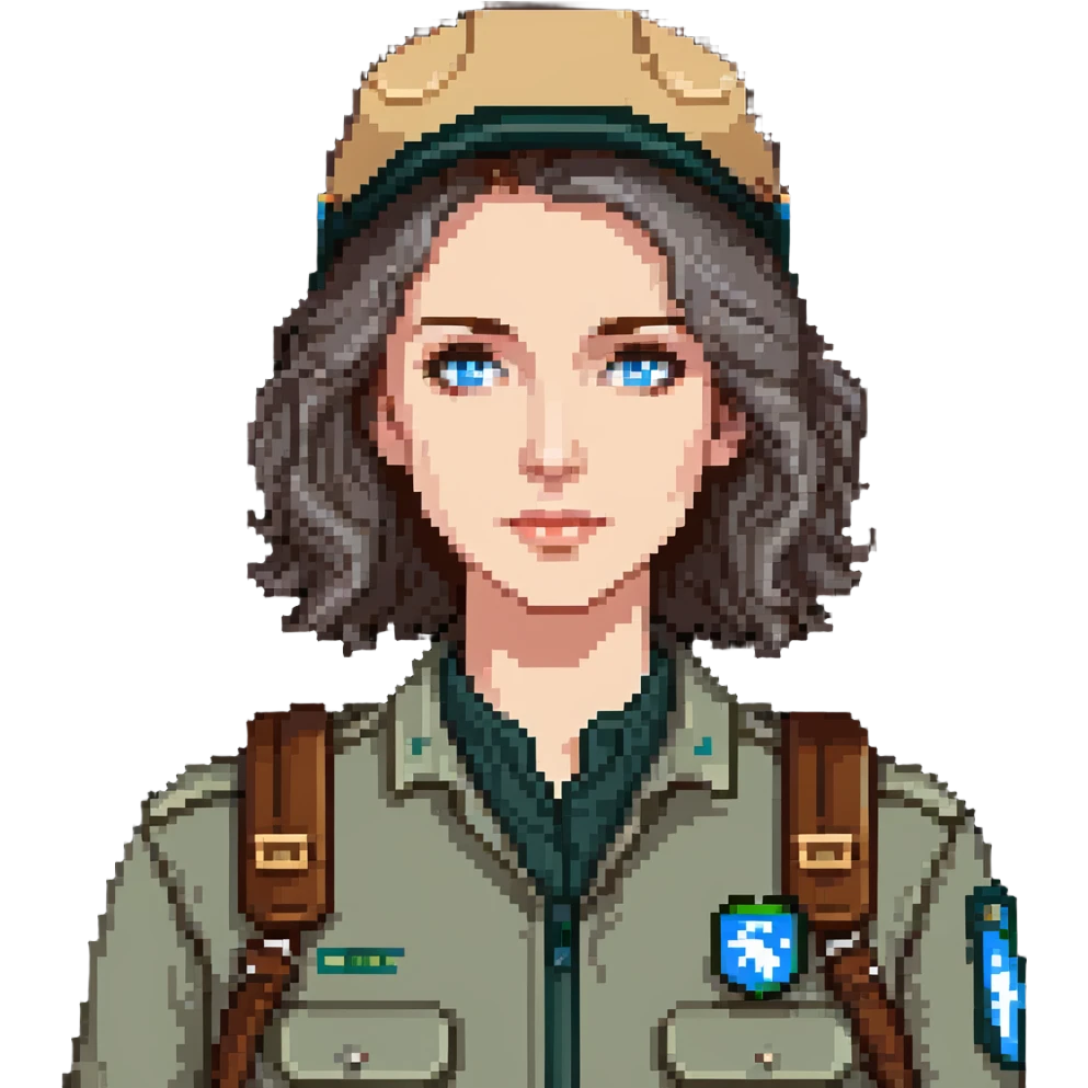 white woman park ranger with brown and gray hair and blue eyes emoji