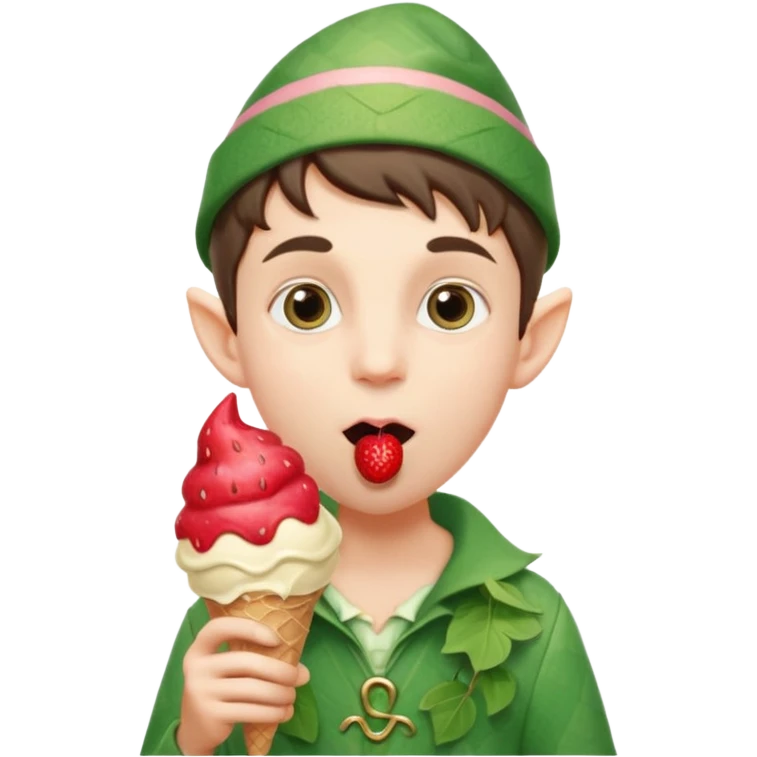 
A young elf boy in leafy clothes licking a triple-scoop ice cream with wide eyes.
baby elf with strawberry ice cream




 emoji