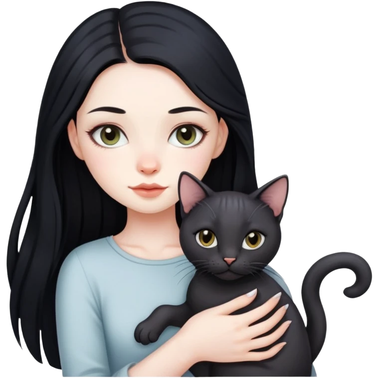 beautiful girl with long black hair holding a hairless cat emoji