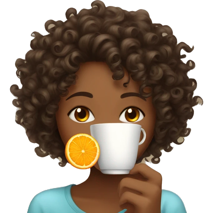 Curly girl drinks tea and orange sweeter  emoji