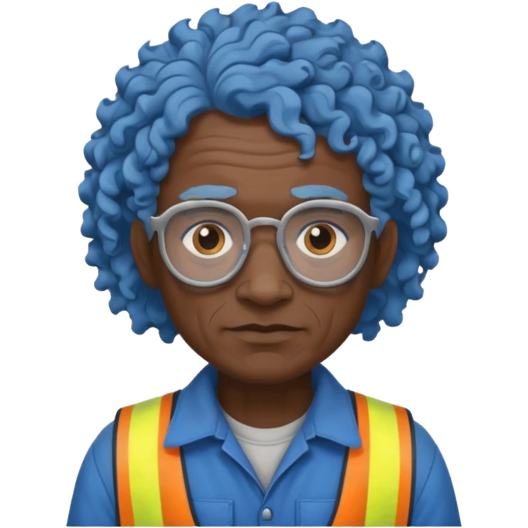 very curly blue haired, construction worker very old, tattoes emoji