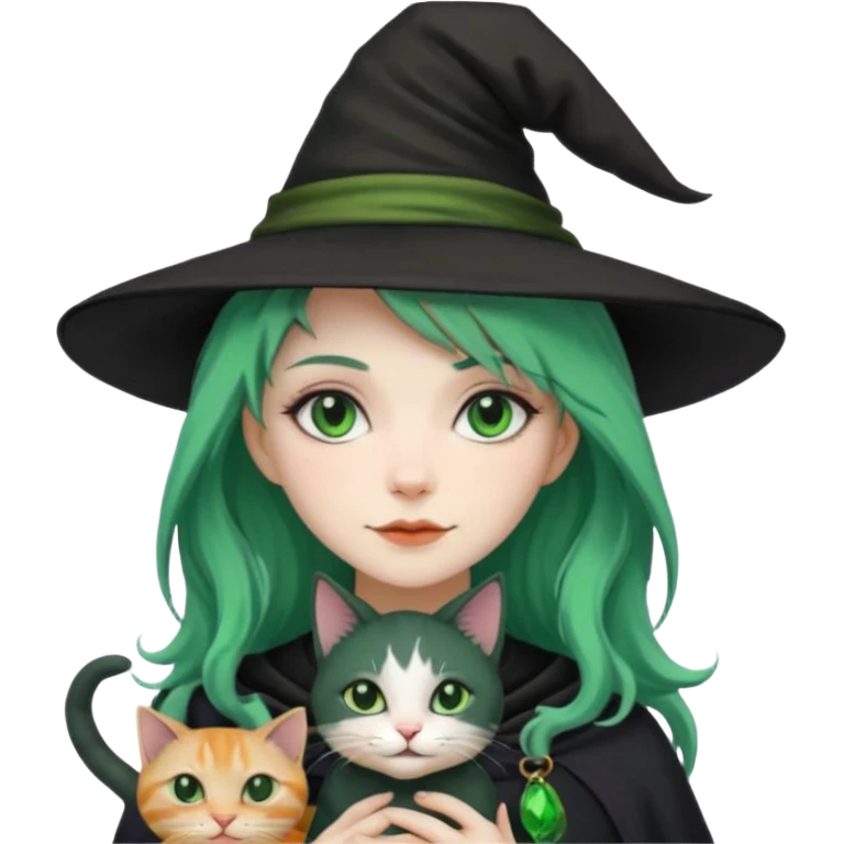 Witch with cat companion, green haired emoji