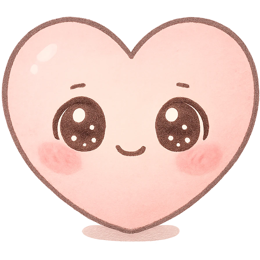 cute chibi pink heart character, big sparkling eyes, soft pastel tones, no arms or legs, full body, soft pastel kawaii style emoji