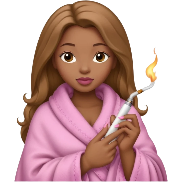 Curvy, light brown long hair, pretty black girl light pink lipgloss wrapped in blanket holding a lighter and brown cigarette  emoji