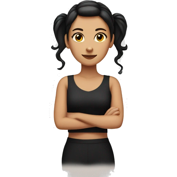 White woman with dark hair tied in a ponytail with a black cat and a red cat emoji