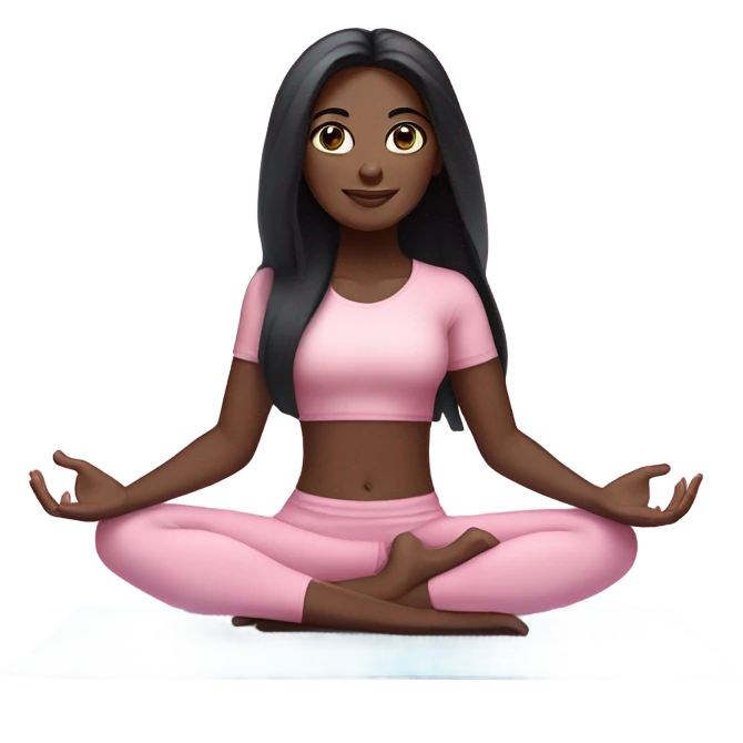 Black long hair and blue blue eyes yoga beautiful girl dark skin in light pink pink pink clothes sitting on a yoga mat emoji