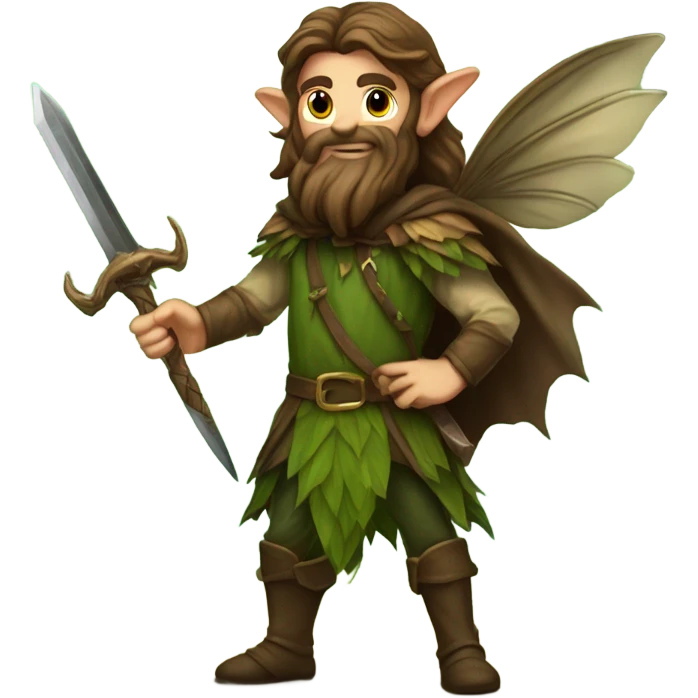 Male, forest fairy, fairy wings, long beard, pointed elf ears, long brown hair, vines, holding medieval sword emoji
